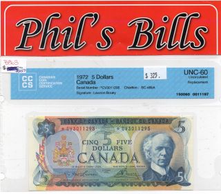 1972 $5 Bank Of Canada Unc - 60 Replacement S : Cd3011295 Bc - 48ba Law/bou B863 photo