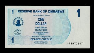 Zimbabwe Bearer Cheque 1 Dollar 2006 Aa Pick 37 Unc -. photo