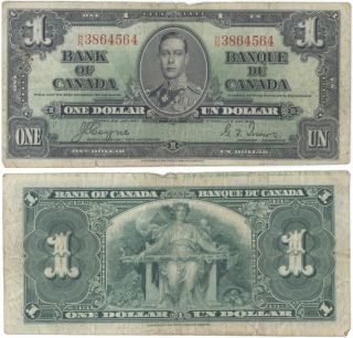 Canada 1 Dollar P.  58e Circ.  Note 1937 Prefix H/n photo