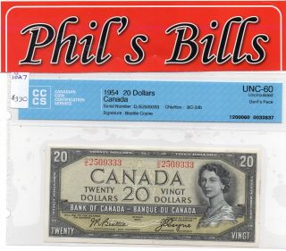 1954 $20 Bank Of Canada Unc - 60 Devils Face S :d/e2509333 Bc33b Graded $330 B1027 photo