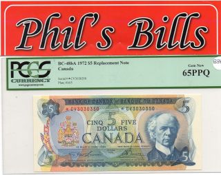 1972 $5 Bank Of Canada Gem - 65 Replacement S : Cv3030350 Bc - 48ba Graded B345 photo