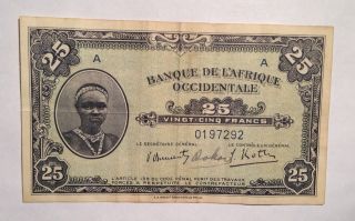 Vf/xf French West Africa 25 Francs 1942 Africain Banknote Currency photo