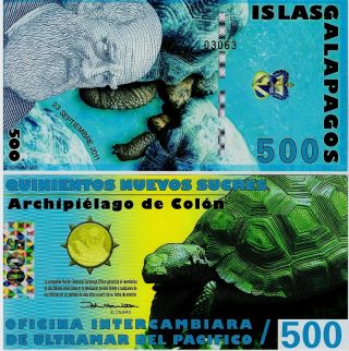 Galapagos Islands 500 Sucre 2011 Unc Ecuador Turtle Polymer Banknote photo
