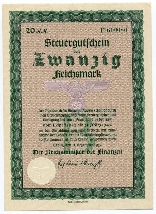 Nazi Germany 20 Rm Reichsmark Steuergutschein 1937 - Tax Certificate Currency Aunc photo