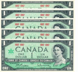 5 X 1967 Centennial Canadian Paper Money $1 Dollar Bills Uncirculated photo