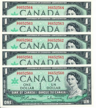 5 X 1967 Centennial Canadian Paper Money $1 Dollar Bills Unc & In Sequences photo