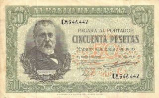 Spain El Banco De Espana 50 Pesetas 09/01/1940 Pick: 117a Very Fine photo