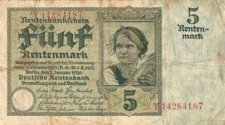 Germany Deutsche Rentenbank 5 Rentenmark 02/01/1926 Pick: 165 Fine photo