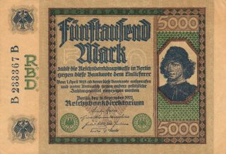 Germany Reichsbankdirecktorium 5,  000 Mark 16/09/1922 Pick: 77 Ex.  Fine photo
