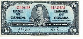 1937 Canadian Paper Money $5 Dollar Bill Almost Uncirculated Valued & Crisp photo