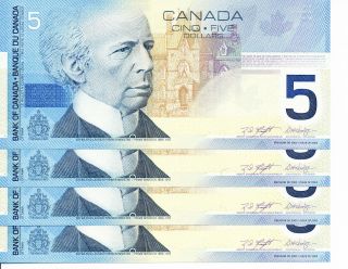 4 X 2002 Canadian Paper Money $5 Dollar Bill Uncirculated & In Sequence photo