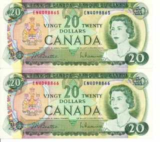 2 X 1969 Canadian Paper Money $20 Dollar Bills Hard To Get Unc In Sequence photo