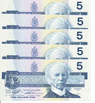 5 X 1986 Canadian Paper Money $5 Dollar Bill Valued Uncirculated & In Sequence photo