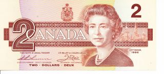 1986 Canadian Paper Money $2 Dollar Bill 