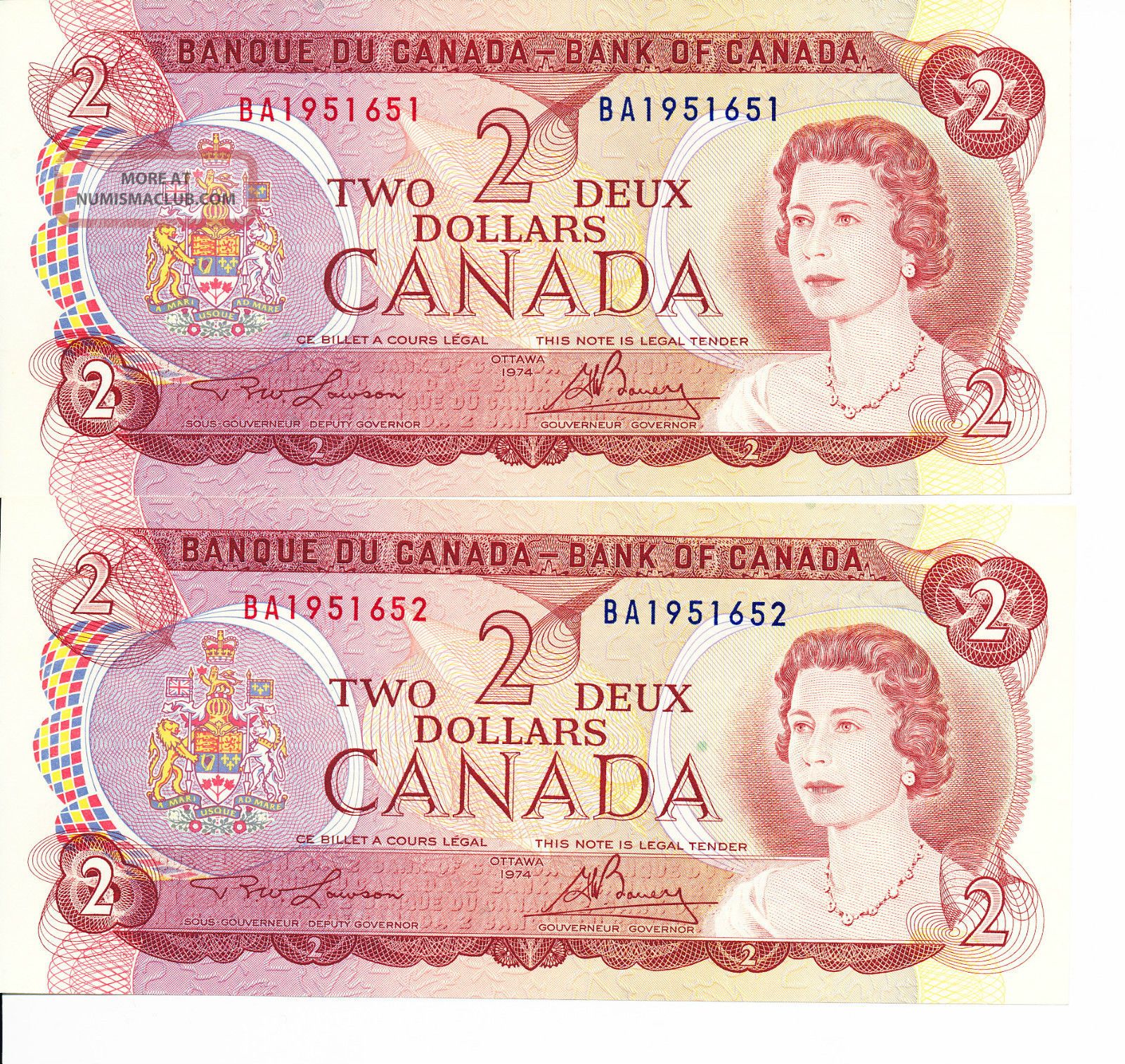 2 X 1974 Canadian Paper Money 2 Dollar Bills " Rare 2 Letter Srl " In