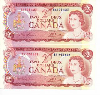 2 X 1974 Canadian Paper Money $2 Dollar Bills 
