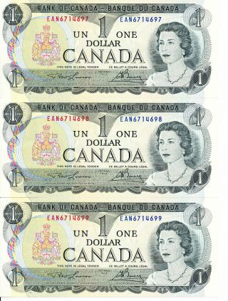 3 X 1973 Canadian Paper Money $1 Dollar Bills 