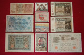 10pc Germany Paper Banknote & Notgeld Lot;nice Pfennigs,  Marks & Reichsbanknotes photo