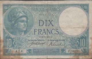 France,  10 Francs,  28.  6.  1917,  P 73a,  Series F.  3622,  Better Date photo