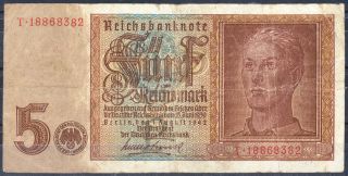 Germany 1942 Ww2 5 Reichsmark Swastika German Nazi Banknote Old Paper Money Lot1 photo