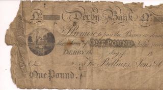 Rare British Unsigned Bankruptcy One Pound Derby Bank Note 1814 photo