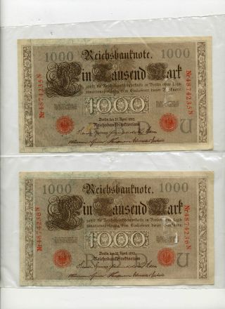 1910 1000 Mark Germany Reichsbanknote Sequential Pair Unc,  Bill,  Note Currency photo