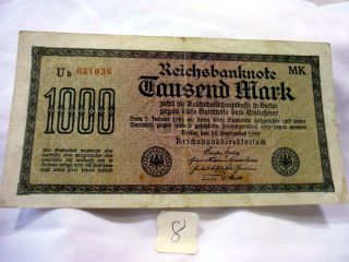 German 1000 Mark Reichbanknote - Ub - 031036 - 1922 German Paper Money photo