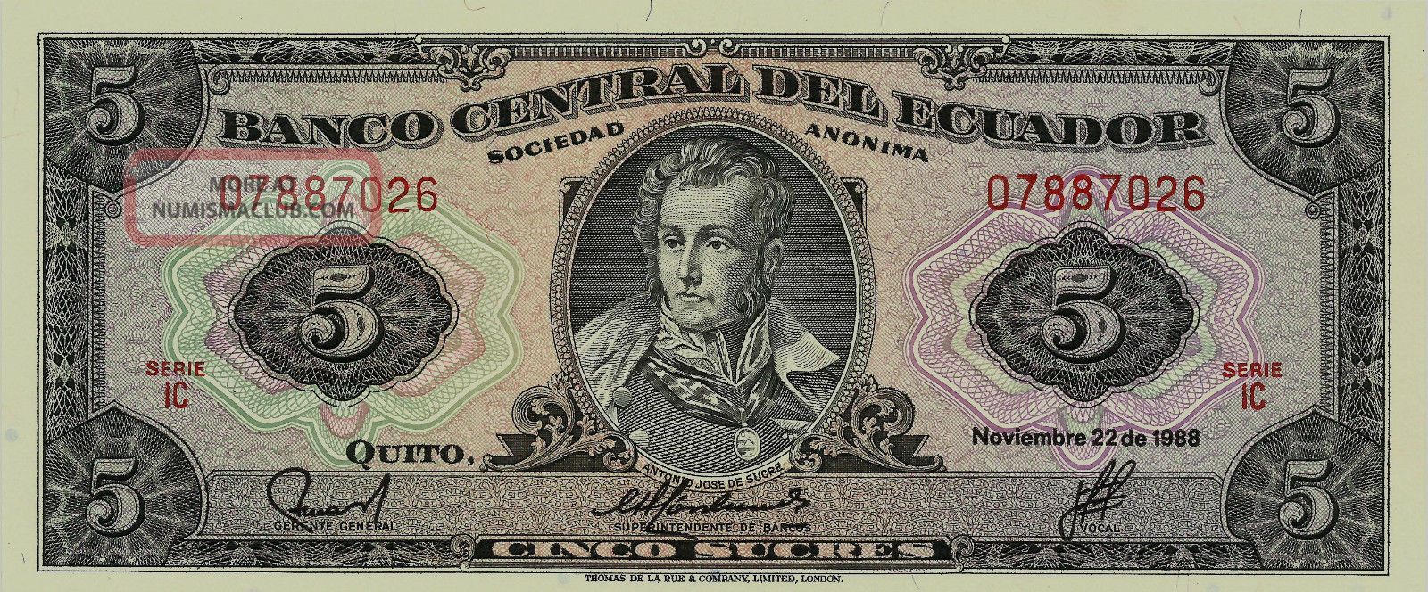 Ecuador 5 Sucres 1988 Gem Unc Banknote Pre Usd Era