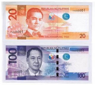 Tv 000001 & Tv 000001 2013 Philippines 20 & 100 Peso Ngc Aquino Iii Low No.  1 photo
