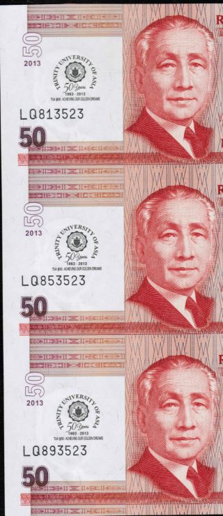 2013 Philippines 50 Peso 50th Year Trinity University Of Asia,  Uncut,  3 - In - 1 photo