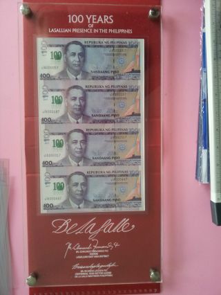 2012 / 2011 Philippines 100 Peso De La Salle Uncut,  4 - In - 1,  In Acrylic Board photo