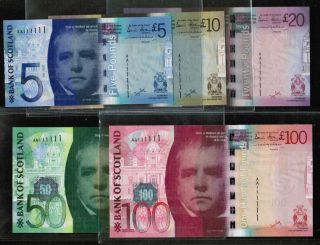 2007 Bank Of Scotland Sterling Pound 5,  10,  20,  50 & 100 Solid Aa 111111 photo