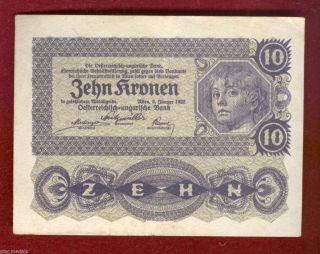 Austria Imperial Bank Note Of 10 Crown Kronen 1922 photo