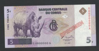 Congo Democratic Specimen P 86 White Rhinoceros 5 Francs 1997 Unc photo