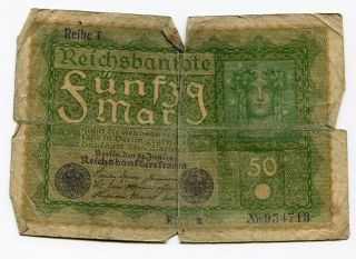 German Old 1919 Banknote 50 Mark Reichsbanknote - F photo