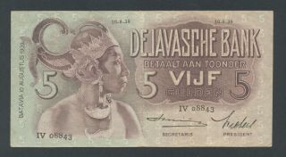 Netherlands Indies,  5 Gulden 10/8/1939 Vf+ photo