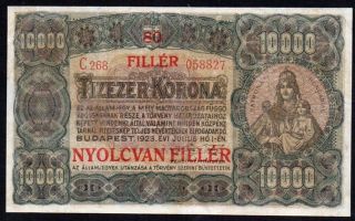 Hungary 10000 Korona 1923 (with 80 Fillér Overstamp) Restored (repaired) photo