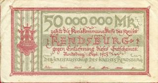 Rendsburg 50,  000,  000 50000000 Mark 1/9/1923 F photo