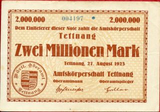 Tettnang 2,  000,  000 2000000 Mark 27/8/1923 Vf photo