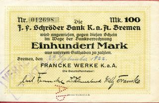 SchrÖder Bank (bremen) 100 Mark 1922 Vf photo