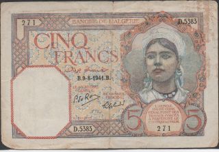 Algeria,  5 Francs,  9.  8.  1941,  P 77b,  Series D.  5383 photo