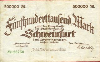 Schweinfurt 500,  000 500000 Mark 13/8/1923 F photo