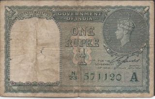 India,  1 Rupee,  1940,  P 25a,  Prefix N/23,  Green Serial,  A Block photo