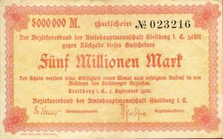 Bezirksverband Stollberg 5,  000,  000 5000000 Mark 1/9/1923 Vf photo