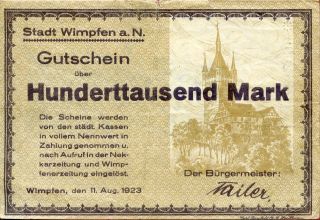 Wimpfen 100,  000 100000 Mark 11/8/1923 Vg photo