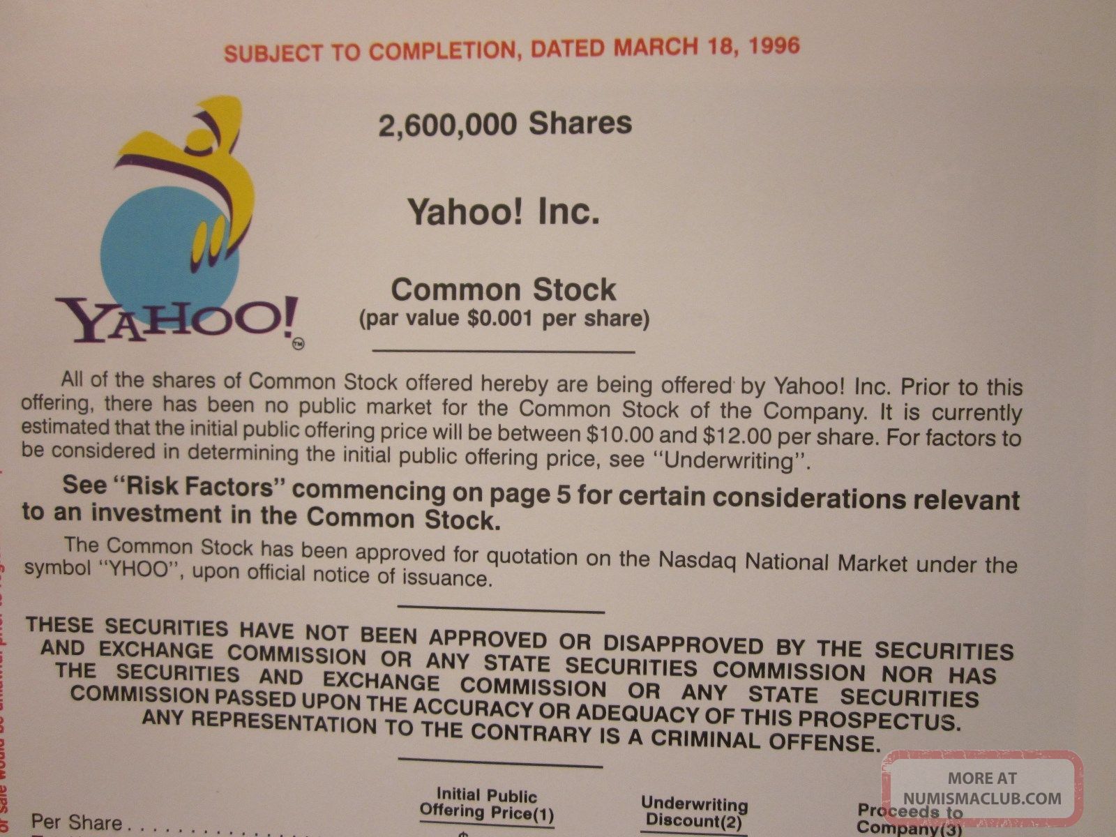 Yahoo Rare 1996 Ipo Prospectus Stock Market Investment Public Offering