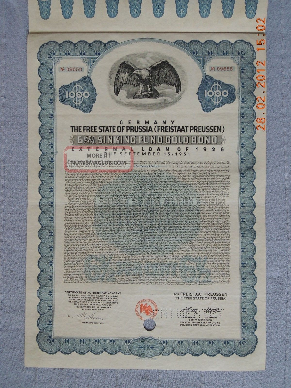 Germany State Of Prussia 1926,  1000$ Gold Bond Hole - Cancelled York Trust World photo