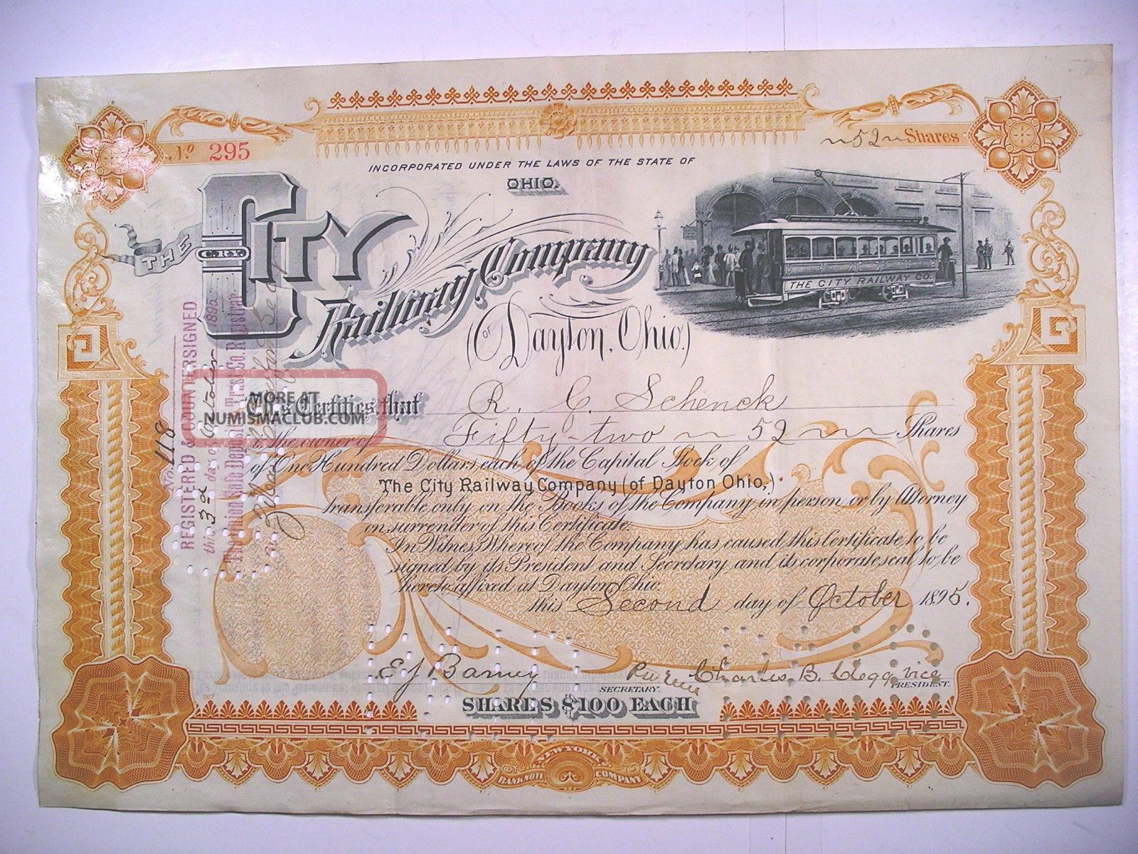 1895 Stock Cert City Railway Co Of Dayton Ohio 52 Sh Vig Elec Trolley Rev Stamps Transportation photo