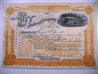 1893 Stock Cert City Railway Co Of Dayton Ohio 116 Sh Vig Elec Streetcar,  People photo