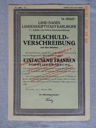 Germany Land Baden Karlsruhe 1926,  5% Loan 1000 Swiss Francs,  Uncancelled photo